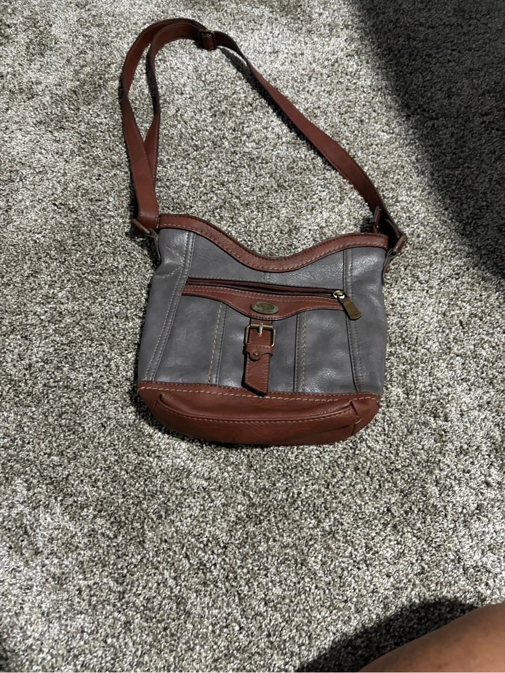 boc Gray and Brown Leather Crossbody Bag with Buckle Accent